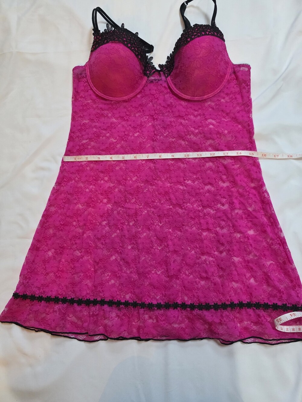 Hot Pink Lace Babydoll Chemise Lingerie Black Trim Padded Cups Adjustable Straps - Picture 7 of 9